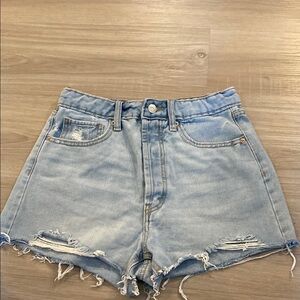 High Waisted Light Blue Denim Shorts with 5 Pockets & Distressed Details
